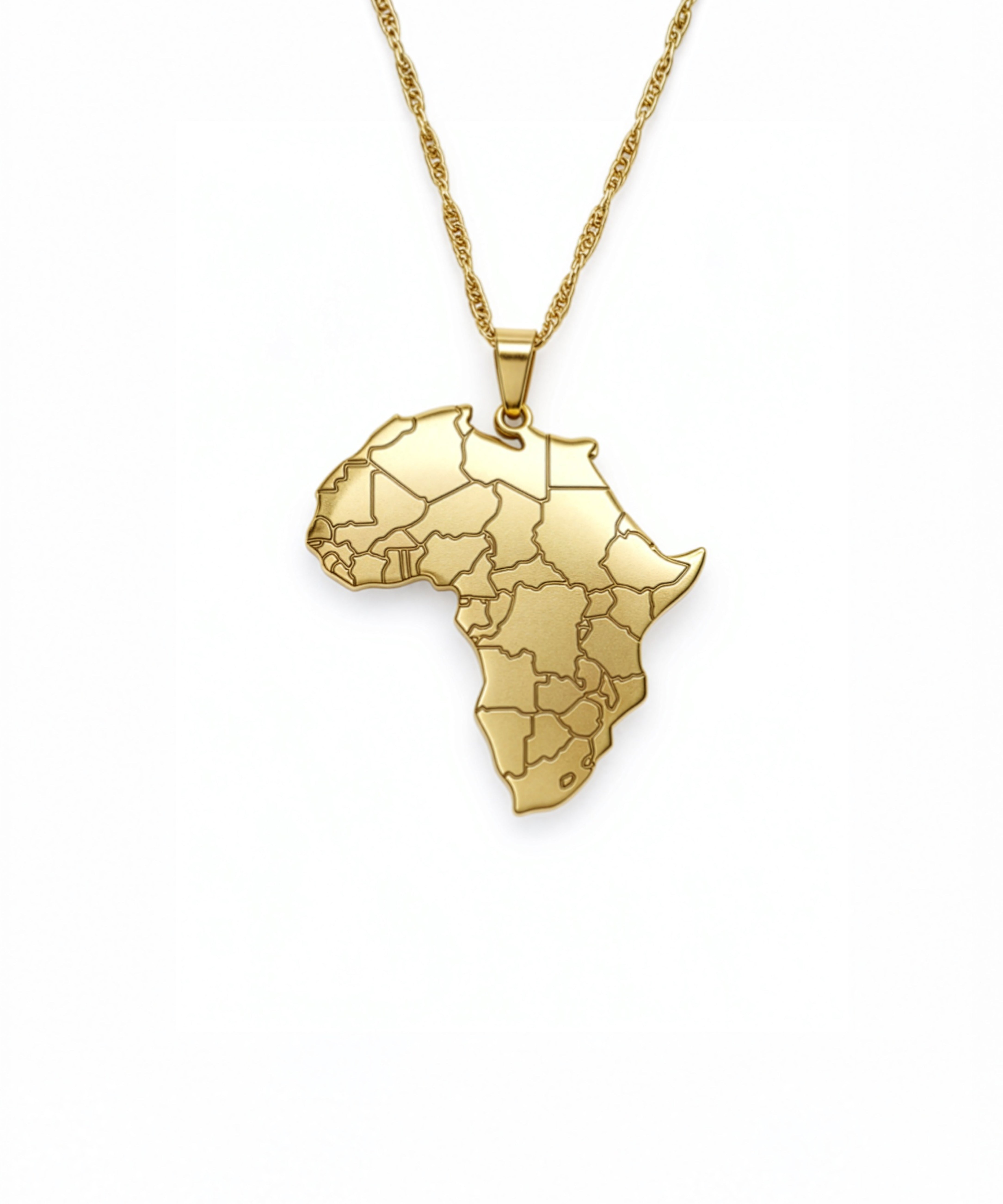18K gold plated Africa map pendant necklace with outlined countries on a chain against a white background by KIRO UK