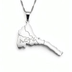 Eritrea map pendant necklace with Tigrinya lettering on a silver toned chain by KIRO UK celebrating Eritrean heritage and national pride
