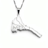 Eritrea map pendant necklace with Tigrinya lettering on a silver toned chain by KIRO UK celebrating Eritrean heritage and national pride