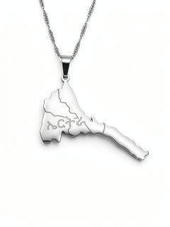 Eritrea map pendant necklace with Tigrinya lettering on a silver toned chain by KIRO UK celebrating Eritrean heritage and national pride