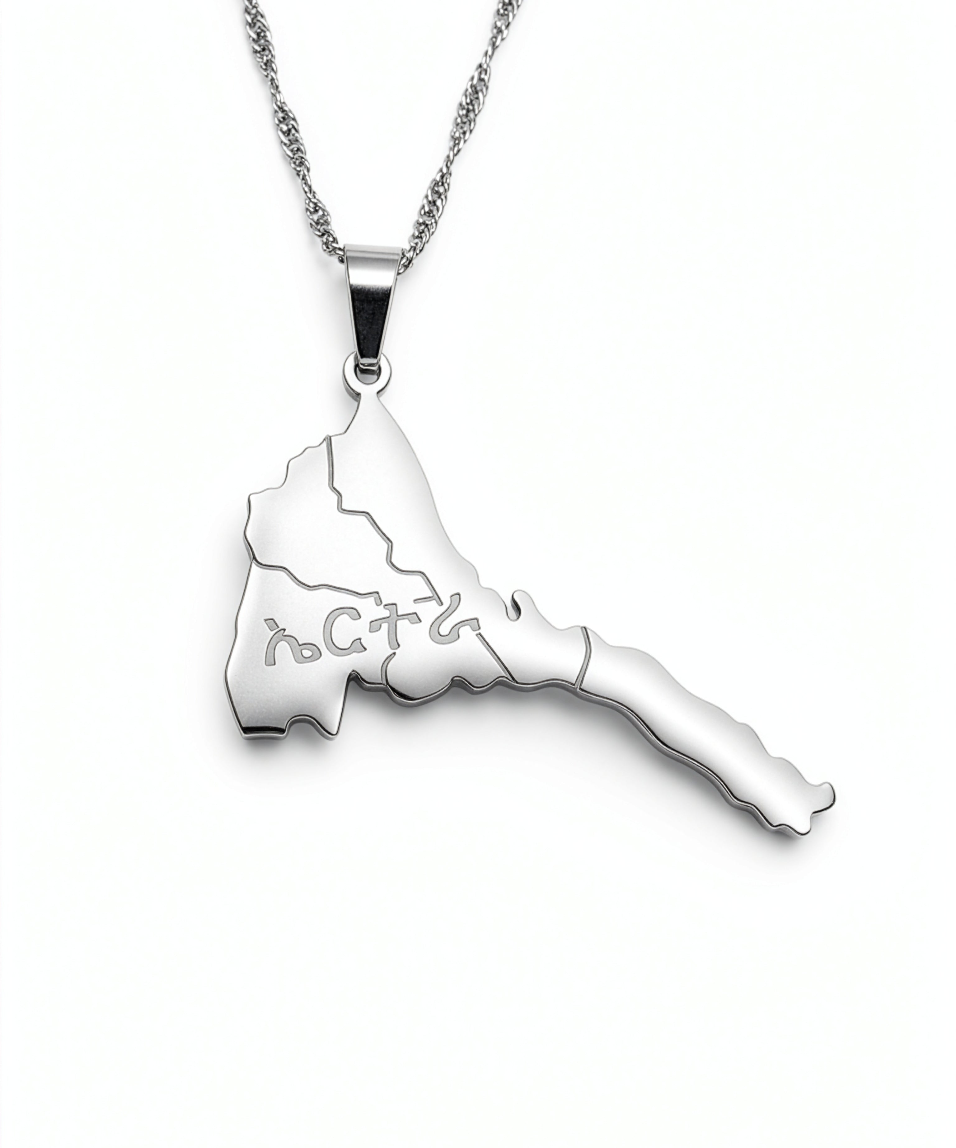 Eritrea map pendant necklace with Tigrinya lettering on a silver toned chain by KIRO UK celebrating Eritrean heritage and national pride