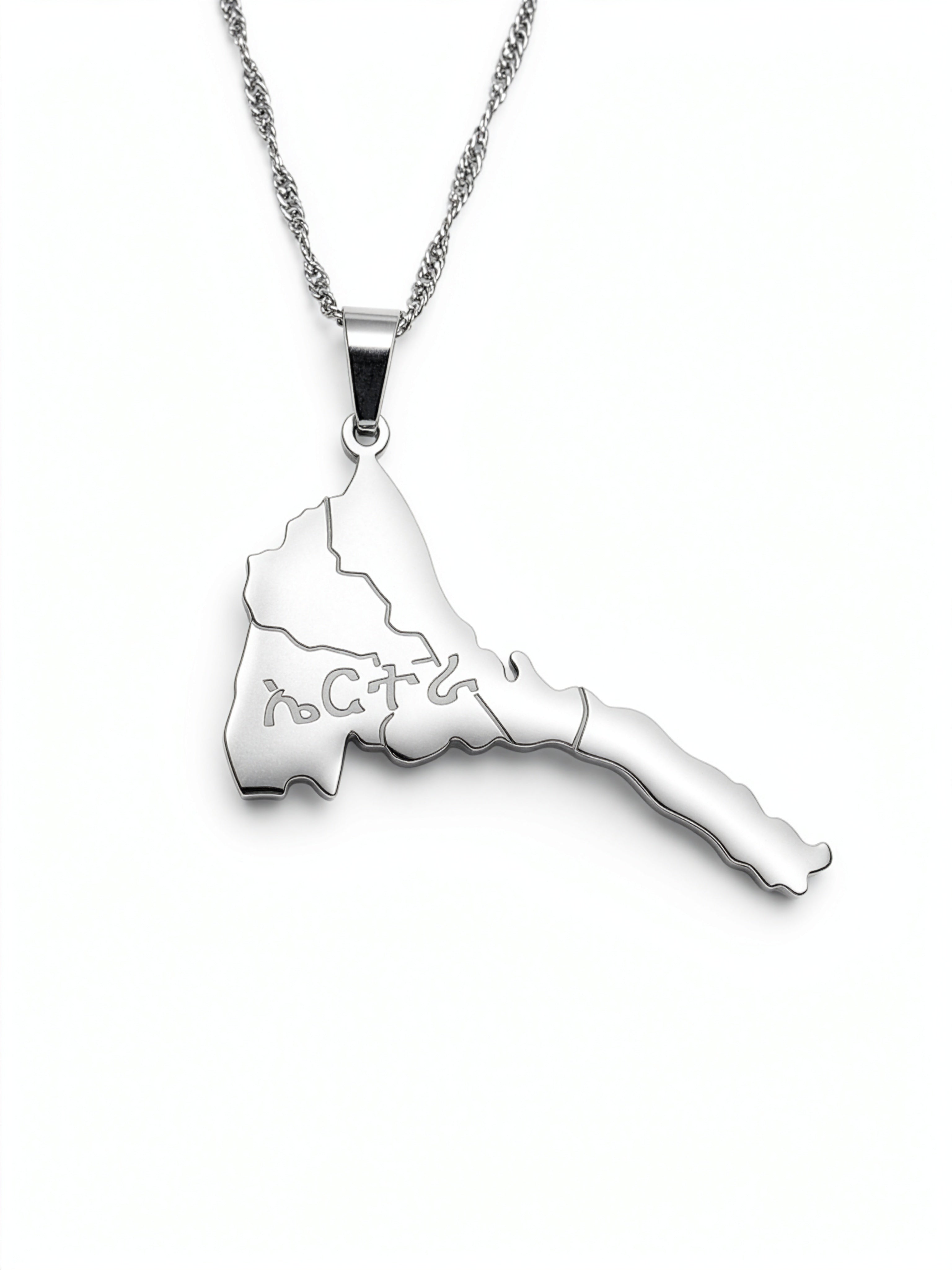 Eritrea map pendant necklace with Tigrinya lettering on a silver toned chain by KIRO UK celebrating Eritrean heritage and national pride