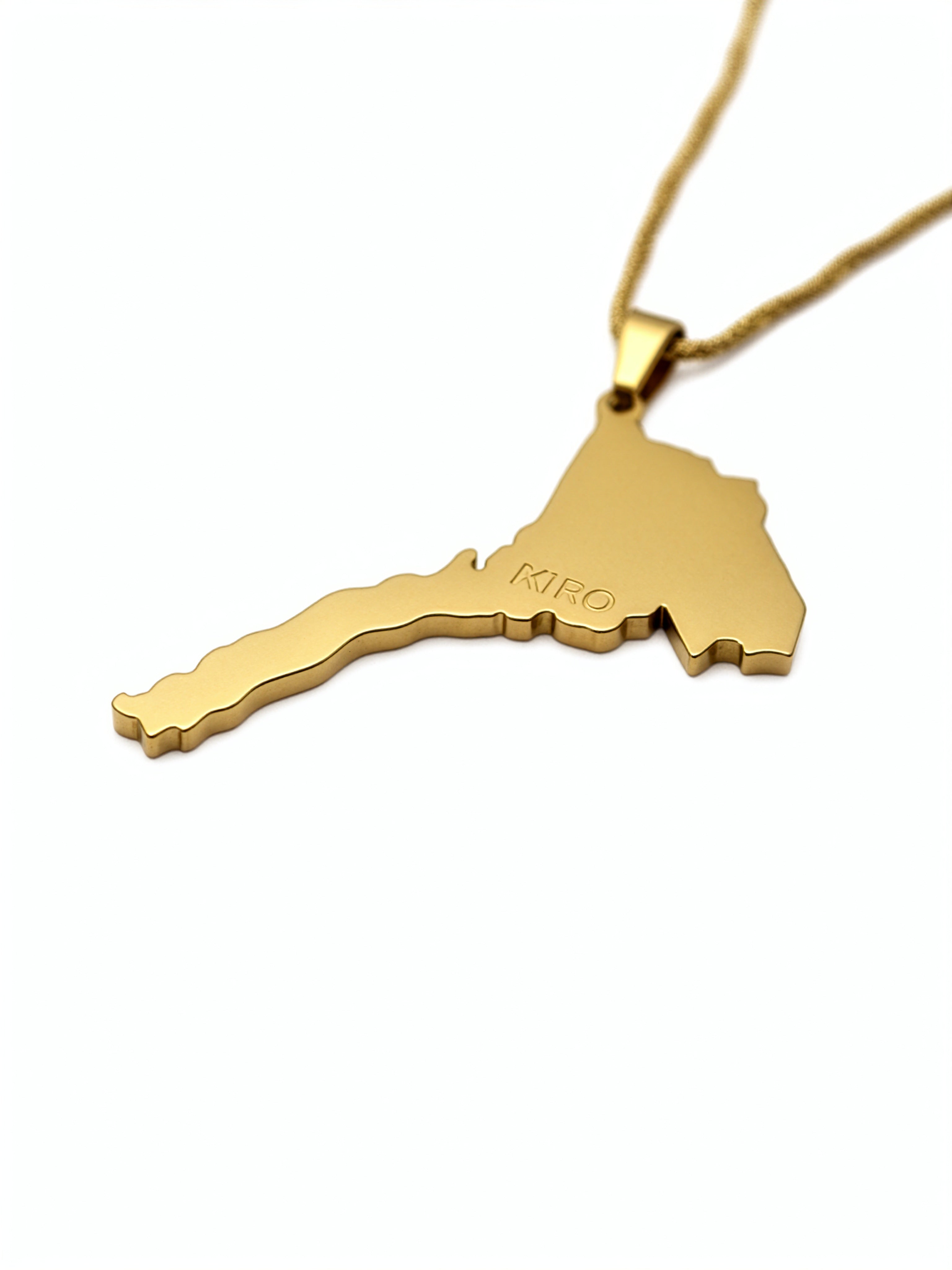 Gold plated Eritrea map pendant necklace on a chain with KIRO engraving symbolizing national pride