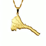 Gold plated Eritrea map necklace with Tigrinya lettering on the pendant from KIRO UK celebrating Eritrean heritage