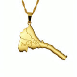 Gold plated Eritrea map necklace with Tigrinya lettering on the pendant from KIRO UK celebrating Eritrean heritage