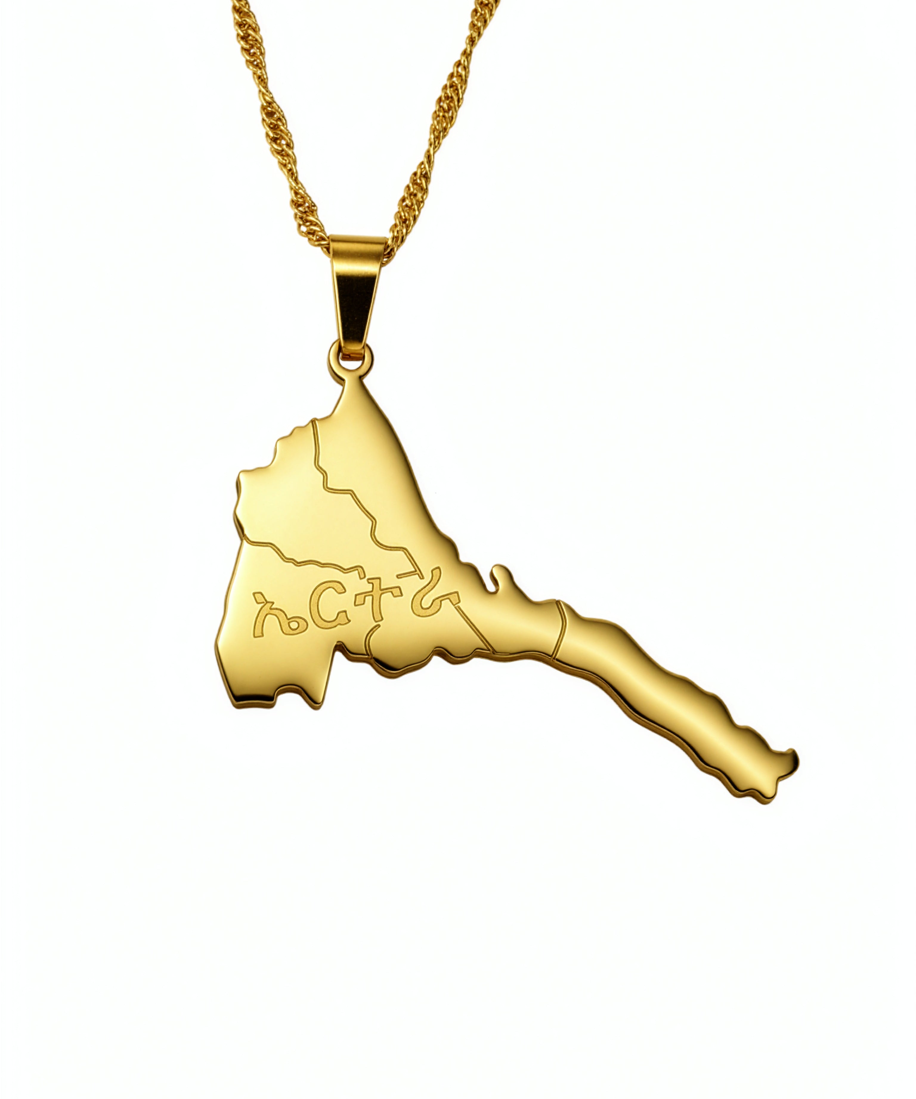 Gold plated Eritrea map necklace with Tigrinya lettering on the pendant from KIRO UK celebrating Eritrean heritage