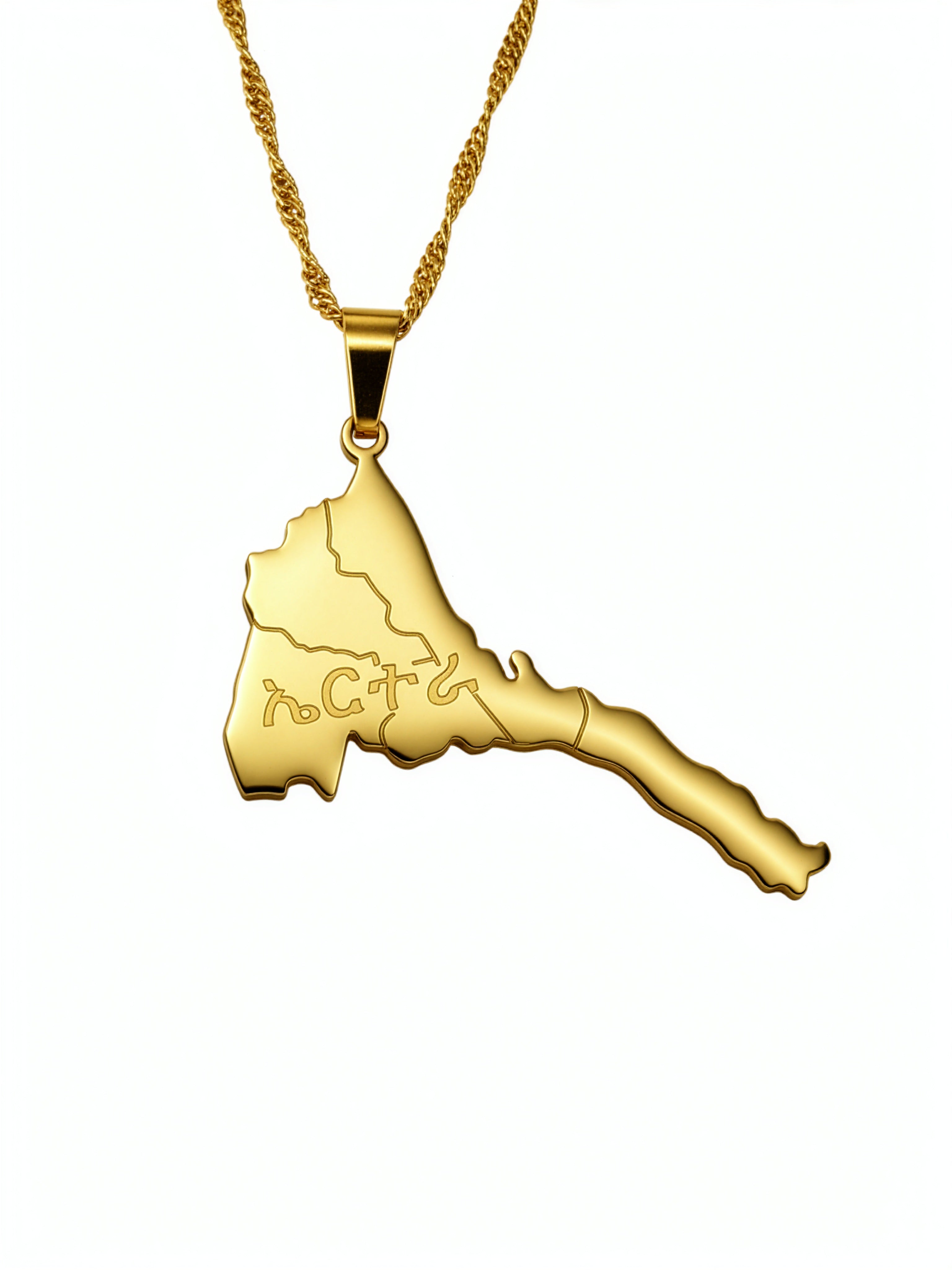 Gold plated Eritrea map necklace with Tigrinya lettering on the pendant from KIRO UK celebrating Eritrean heritage