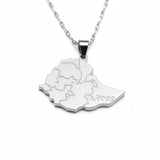 Silver plated Ethiopia map necklace pendant on a chain with detailed regional outlines and a raised bail from KIRO UK
