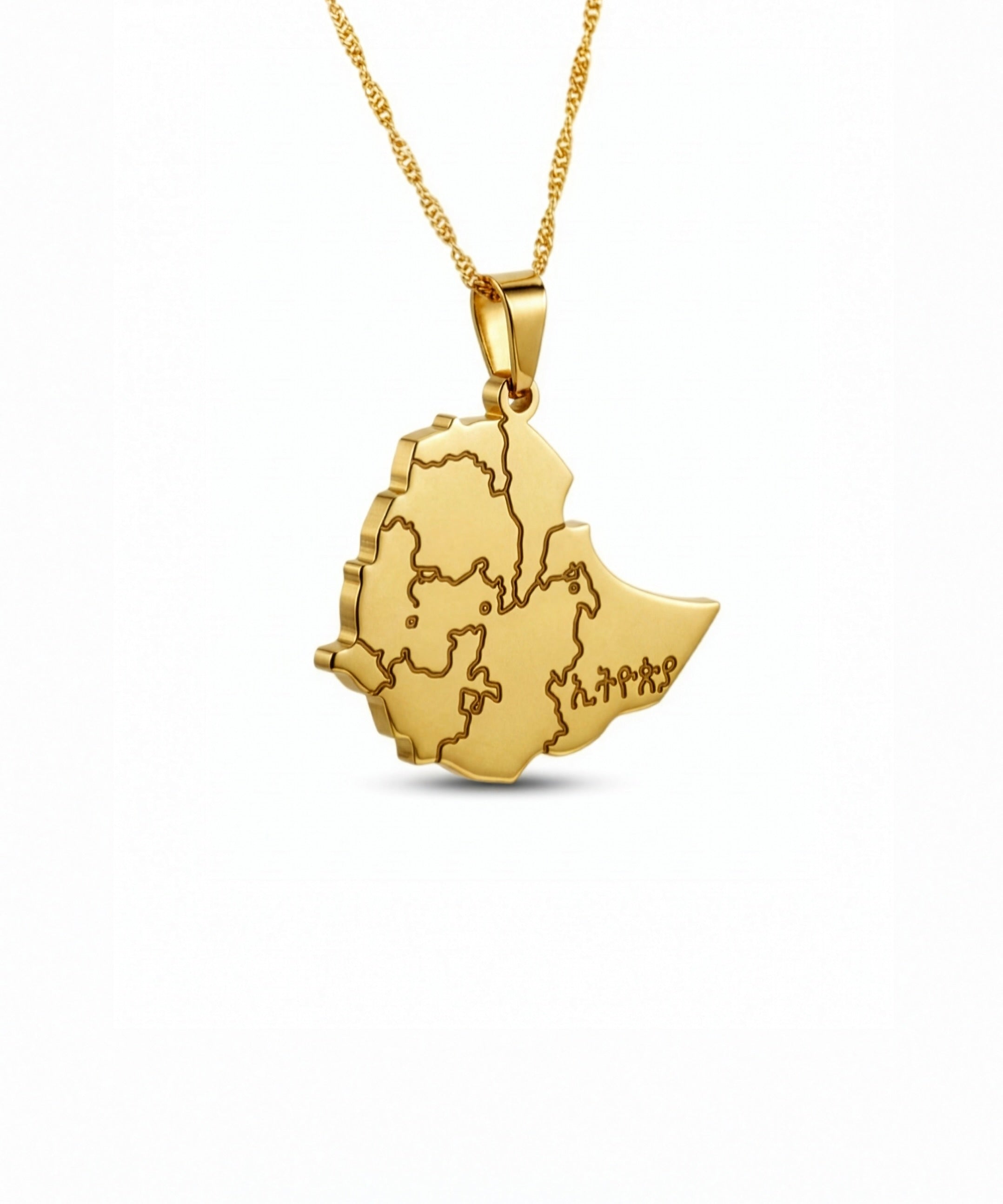 Gold plated Ethiopia map necklace with Amharic engraving on the pendant by KIRO UK