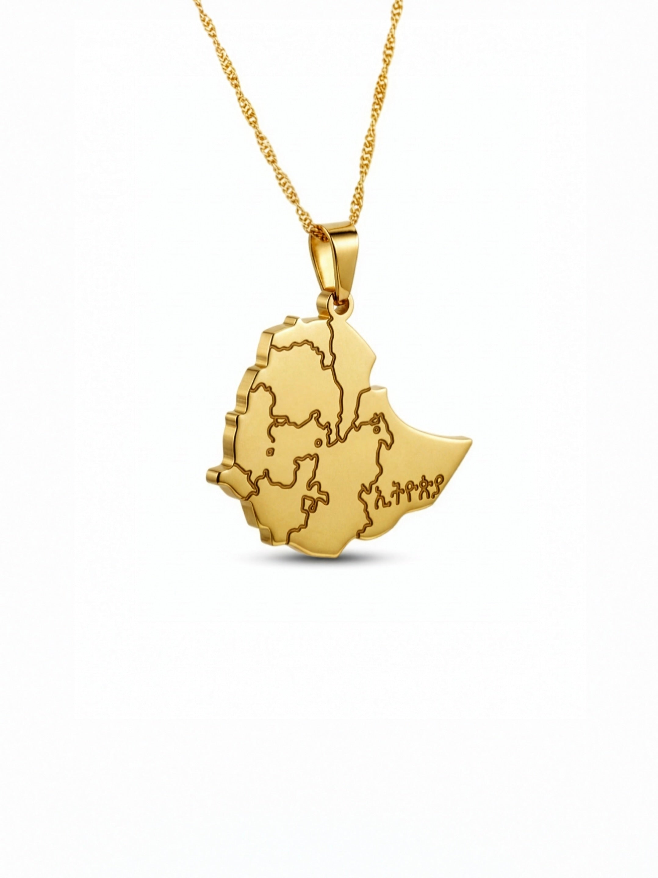 Gold plated Ethiopia map necklace with Amharic engraving on the pendant by KIRO UK