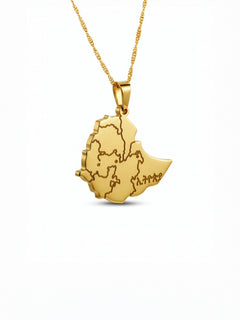 Gold plated Ethiopia map necklace with Amharic engraving on the pendant by KIRO UK