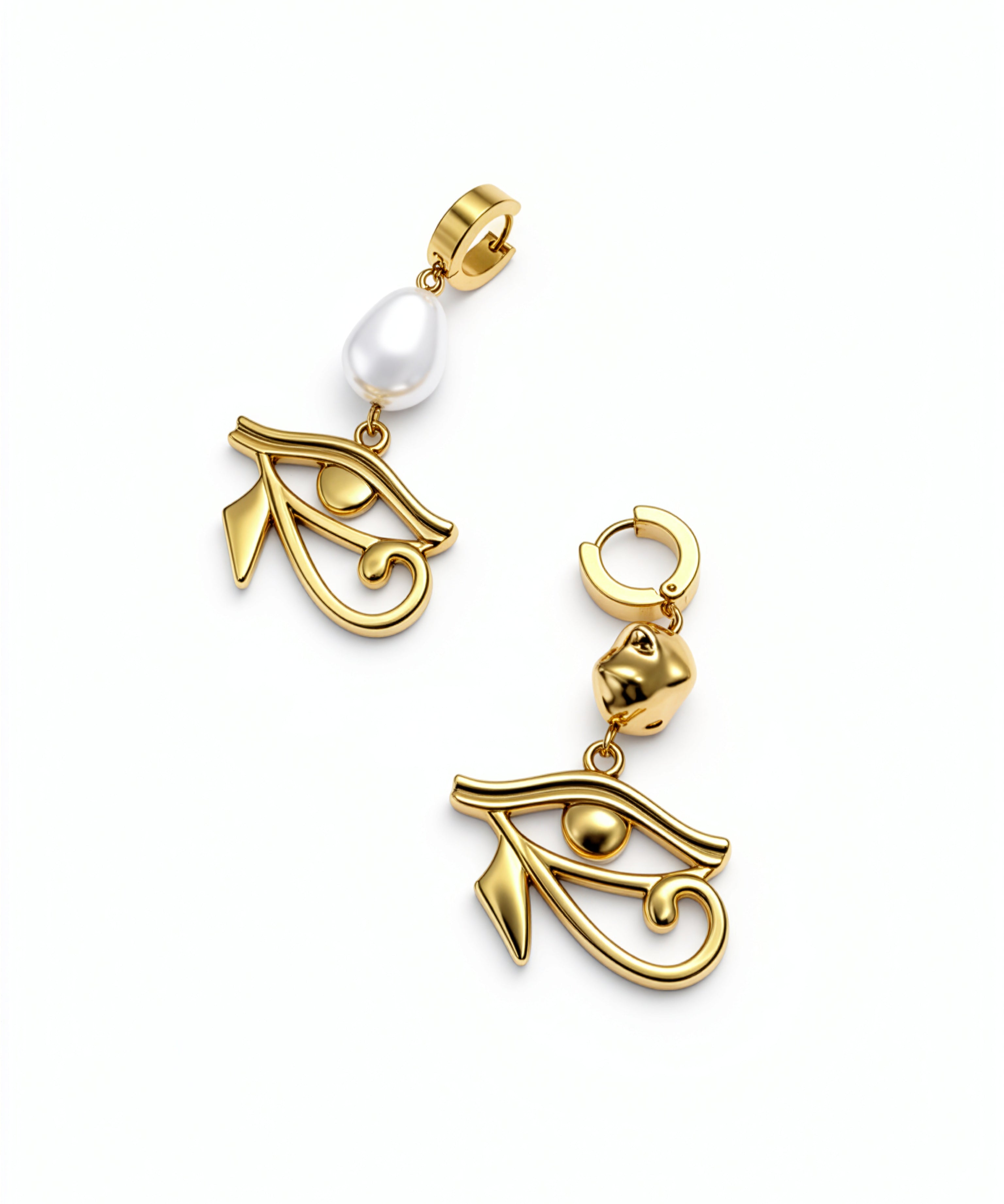 KIRO UK Egyptian mismatched gold plated drop earrings with one pearl and one gold bead each finished with a statement Eye of Horus charm