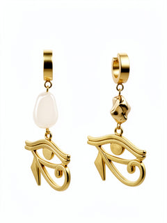 Mismatched gold plated Eye of Horus drop earrings by KIRO UK with one pearl accent and one gold bead charm inspired by Egyptian heritage