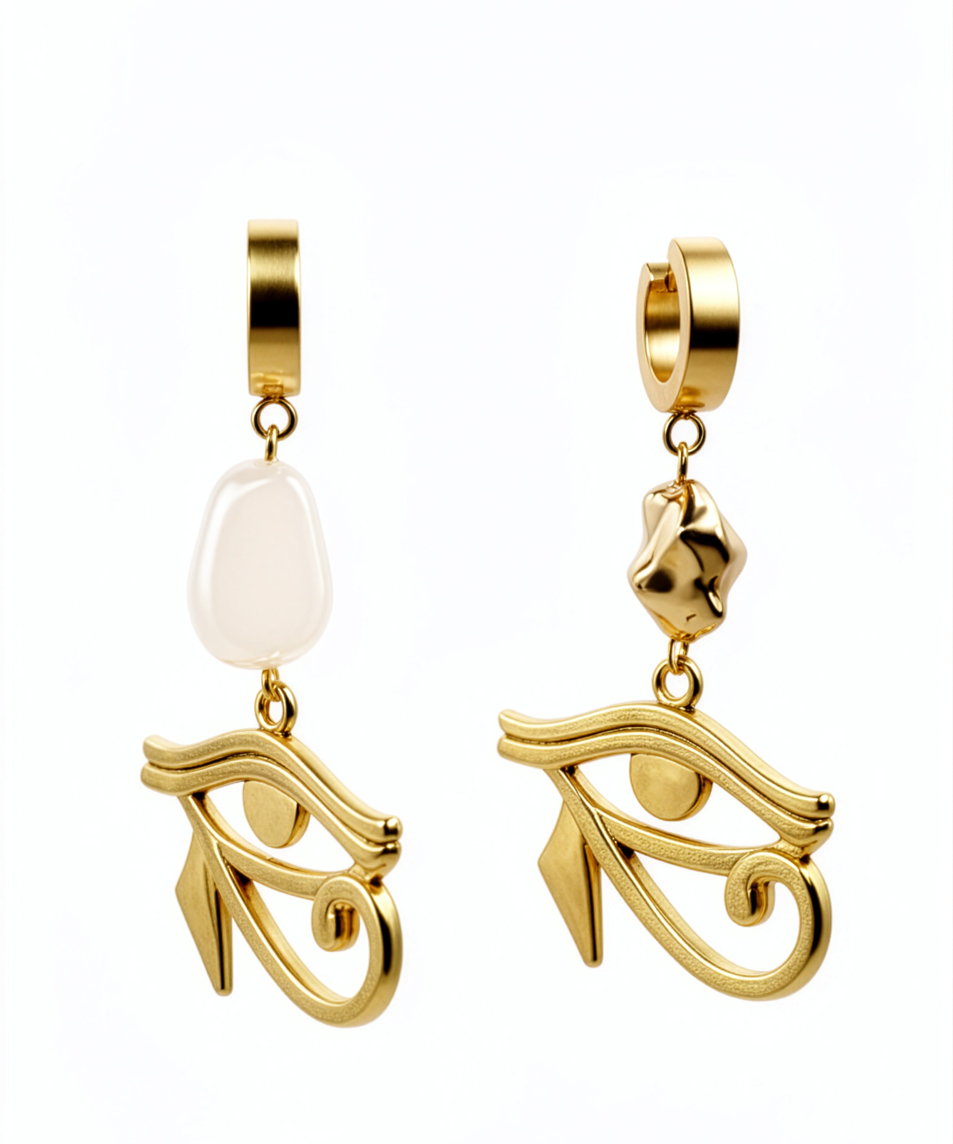 Mismatched gold plated Eye of Horus drop earrings by KIRO UK with one pearl accent and one gold bead charm inspired by Egyptian heritage
