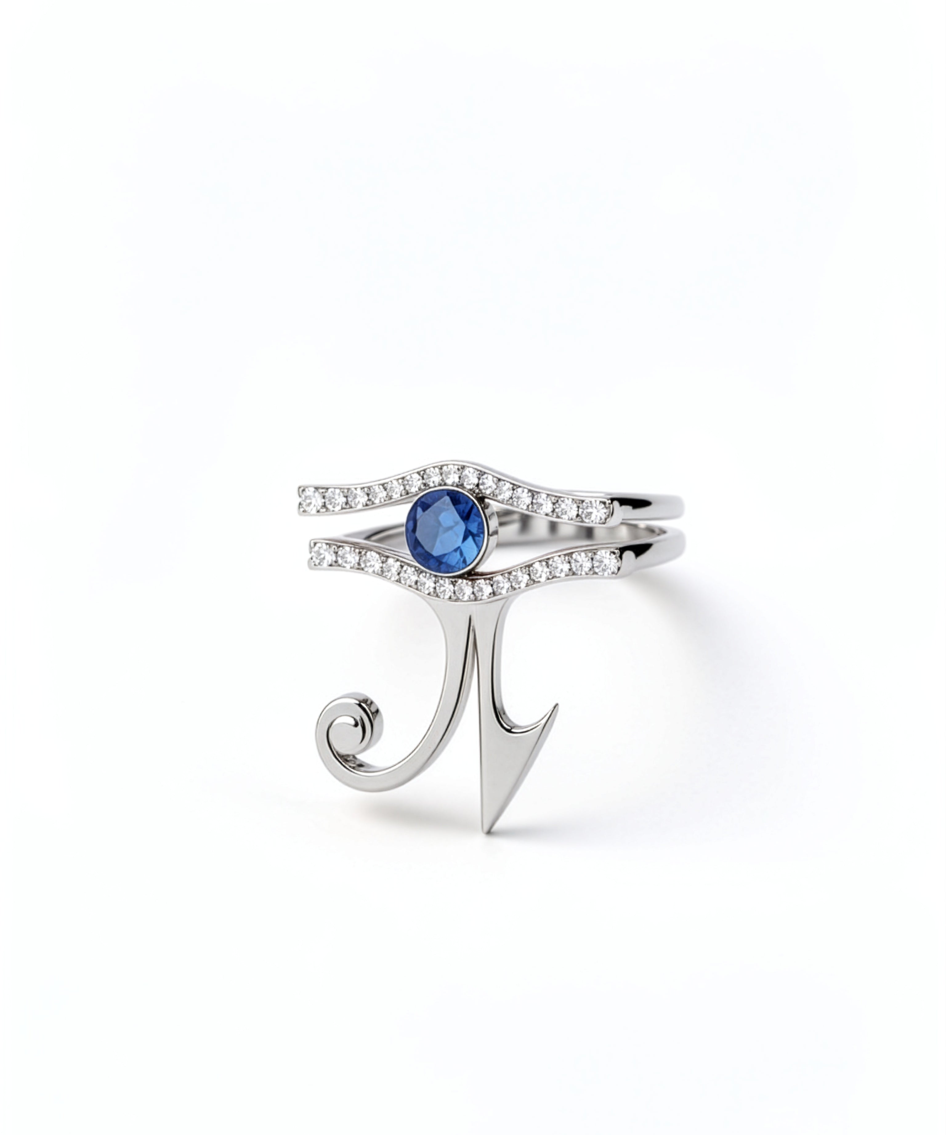 KIRO UK Eye of Horus ring in silver with a central sapphire and cubic zirconia details forming a geometric Egyptian symbol