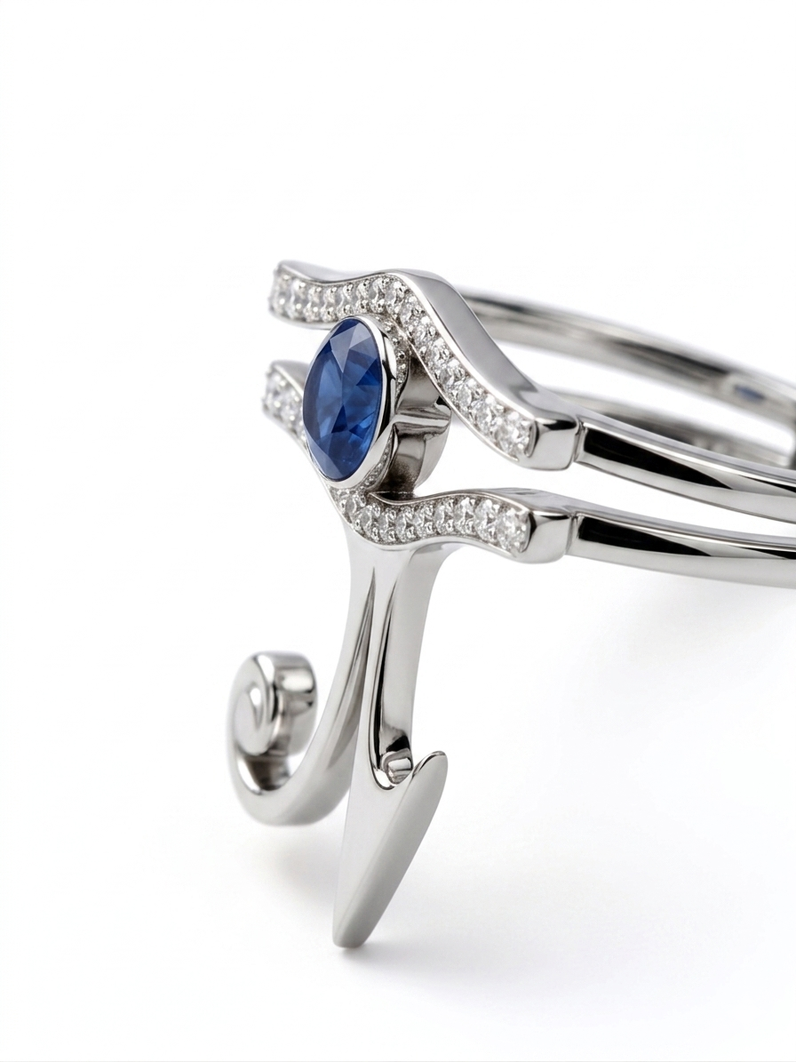 Silver Eye of Horus ring with a deep blue sapphire centre and sparkling cubic zirconia detailing by KIRO UK Egyptian Collection