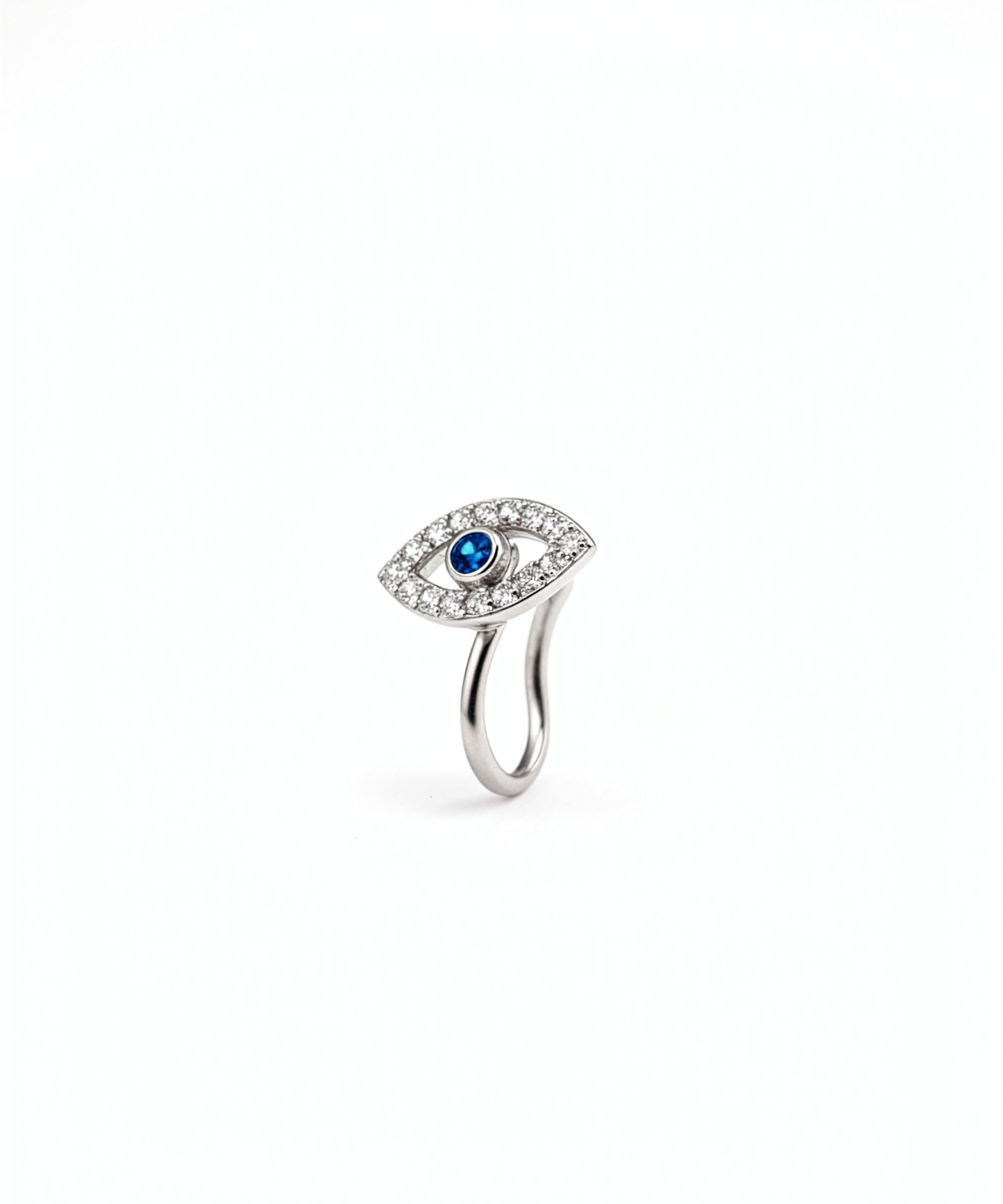 Sterling silver faux nose ring with an evil eye design blue sapphire centre and cubic zirconia detailing by KIRO UK for the Nose Ring collection