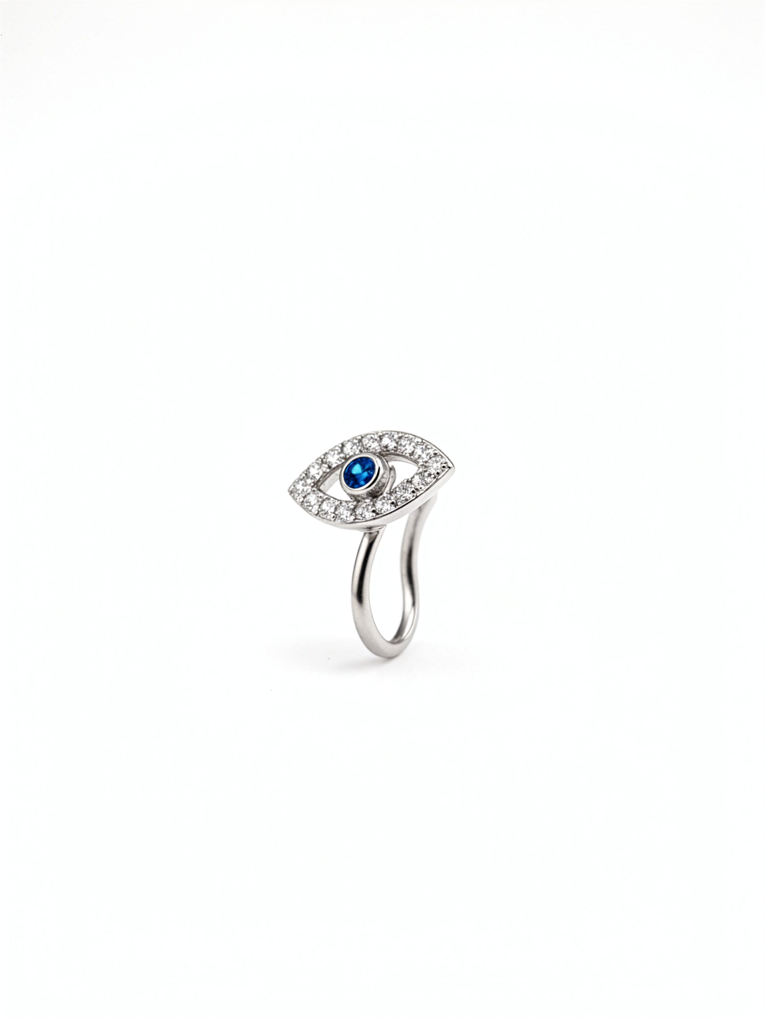 Sterling silver faux nose ring with an evil eye design blue sapphire centre and cubic zirconia detailing by KIRO UK for the Nose Ring collection