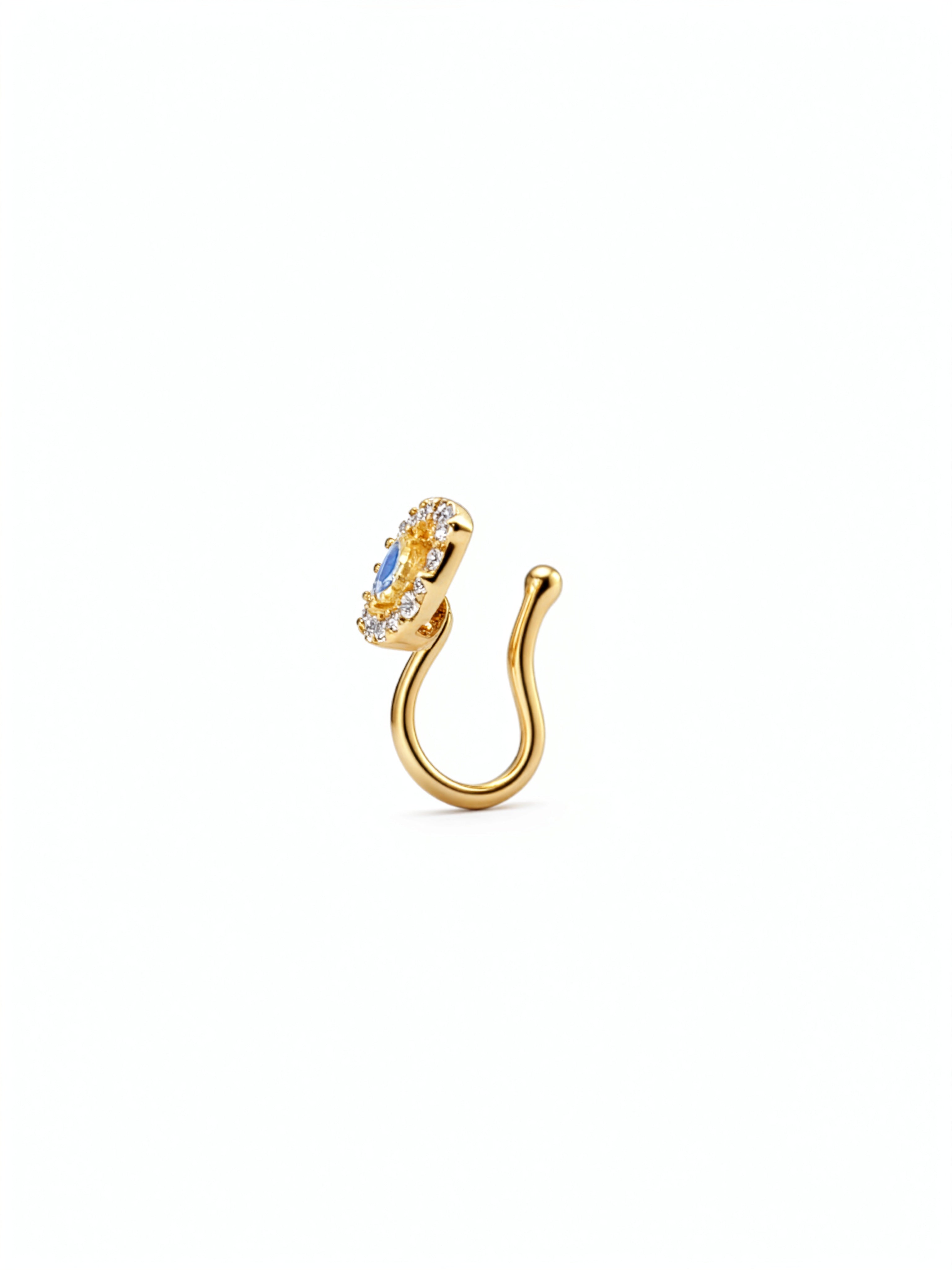 Gold faux nose ring with blue sapphire evil eye design and cubic zirconia accents by KIRO UK