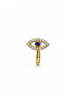 Gold faux nose cuff featuring an evil eye design with a blue sapphire centerpiece and surrounding cubic zirconia gems on a white background