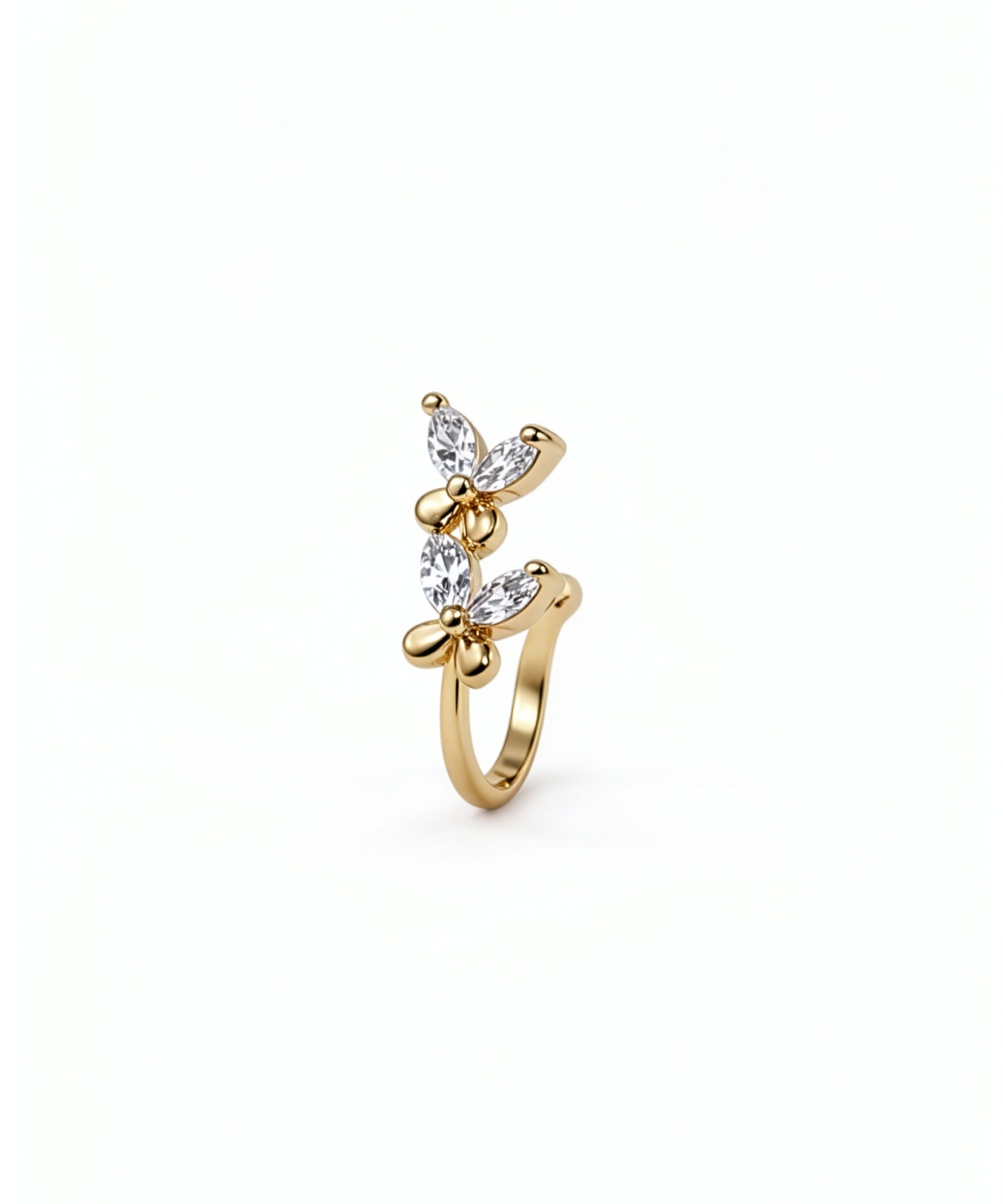 KIRO UK floral faux nose ring with two stacked flower designs and clear cubic zirconia stones on a snug no piercing nose cuff