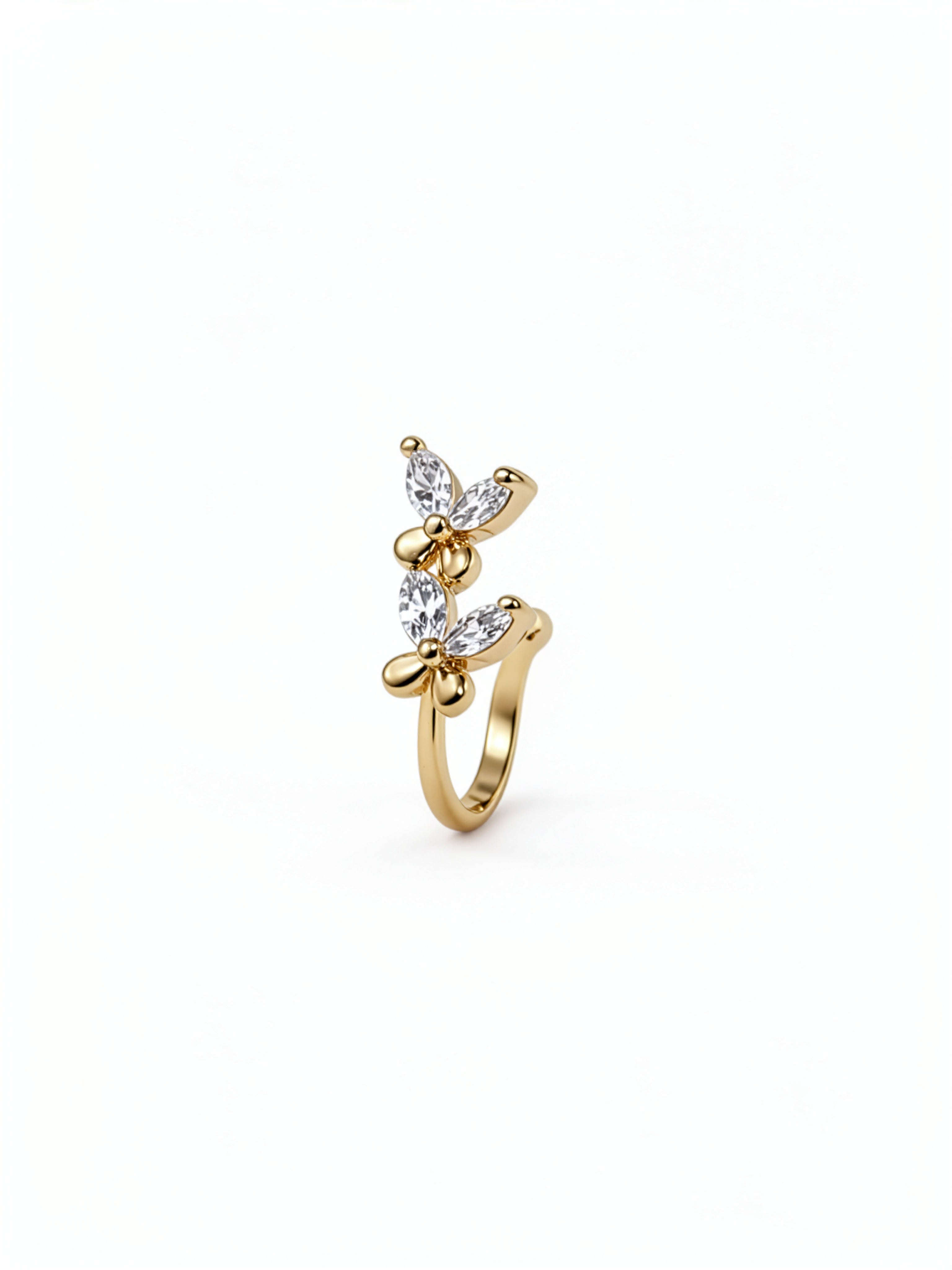 KIRO UK floral faux nose ring with two stacked flower designs and clear cubic zirconia stones on a snug no piercing nose cuff