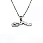 Gambia map necklace with Gambia engraved on the front of a silver toned pendant and chain by KIRO UK for national pride