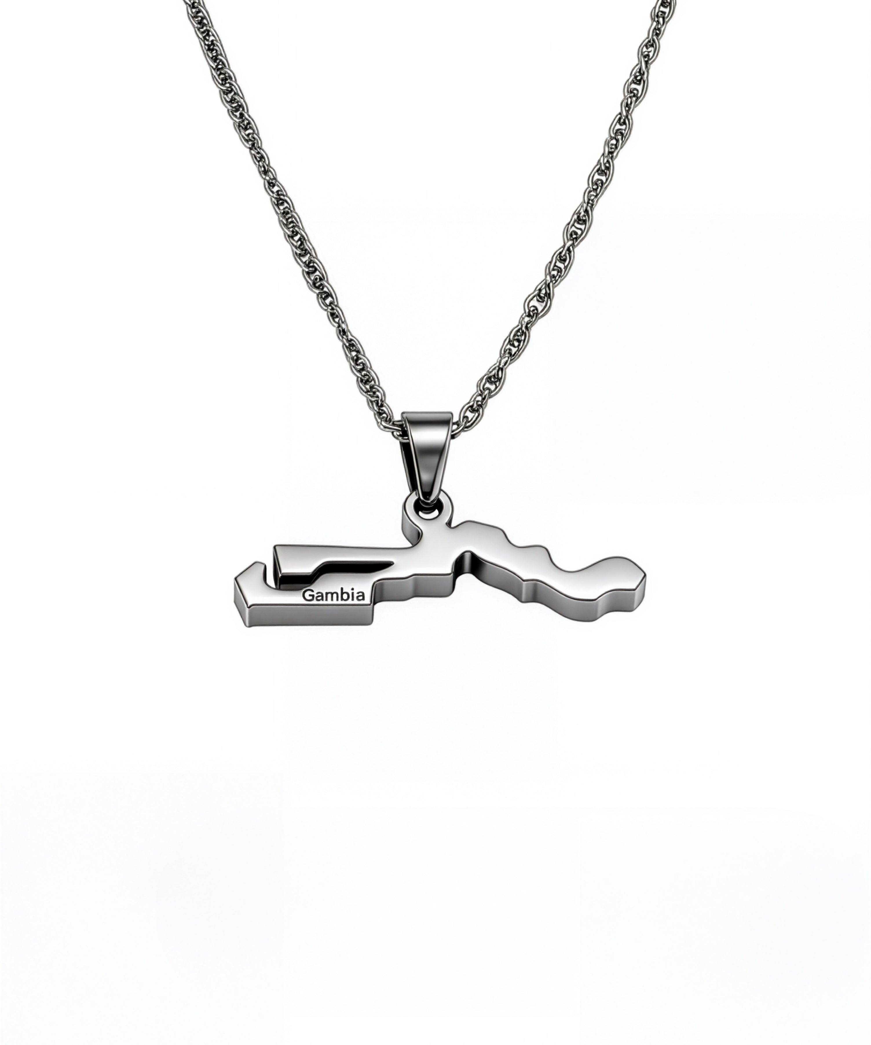 Gambia map necklace with Gambia engraved on the front of a silver toned pendant and chain by KIRO UK for national pride