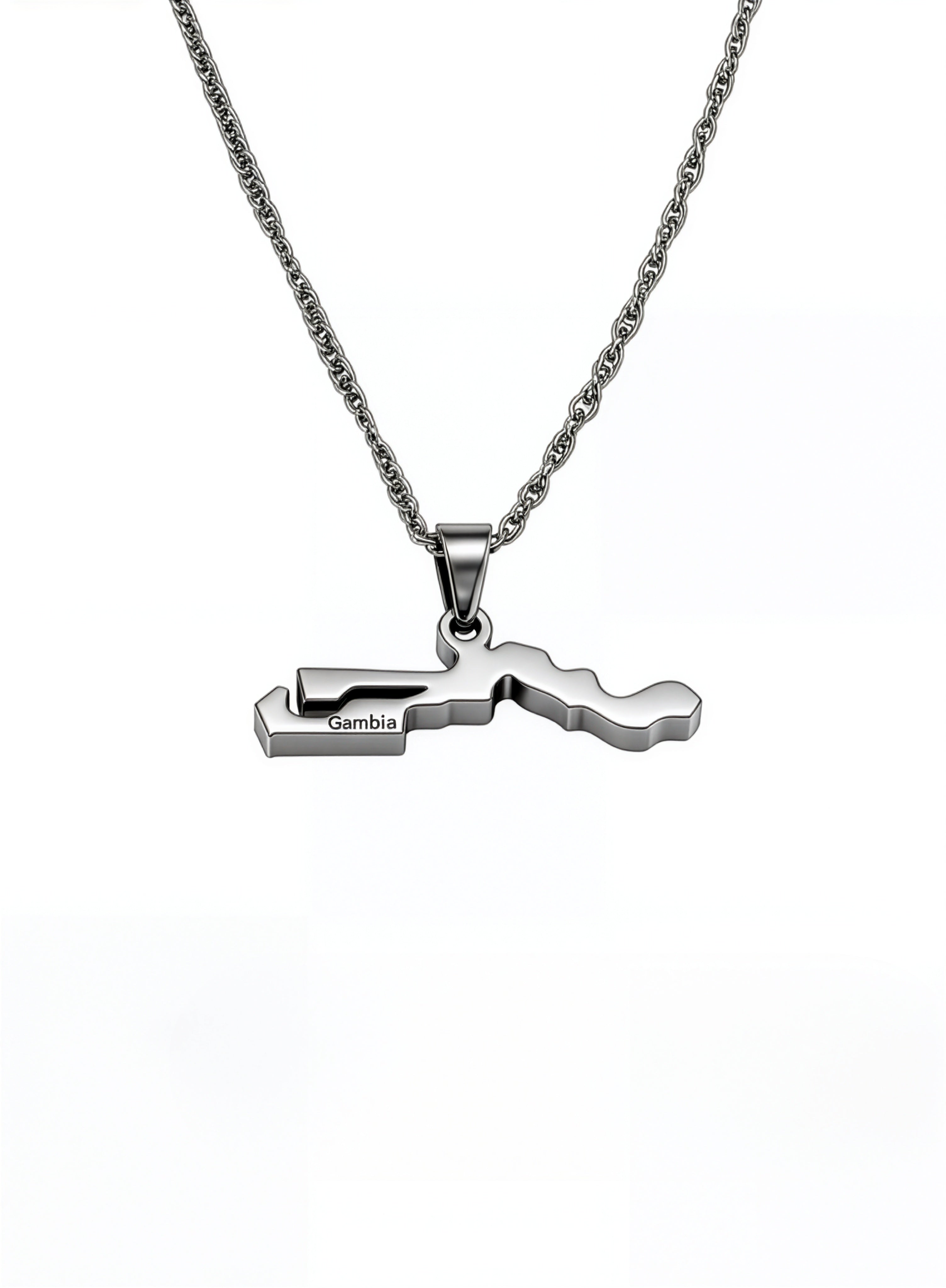 Gambia map necklace with Gambia engraved on the front of a silver toned pendant and chain by KIRO UK for national pride