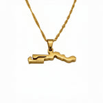 Gold plated Gambia map necklace with Gambia engraved on the pendant and a textured chain by KIRO UK celebrating national pride