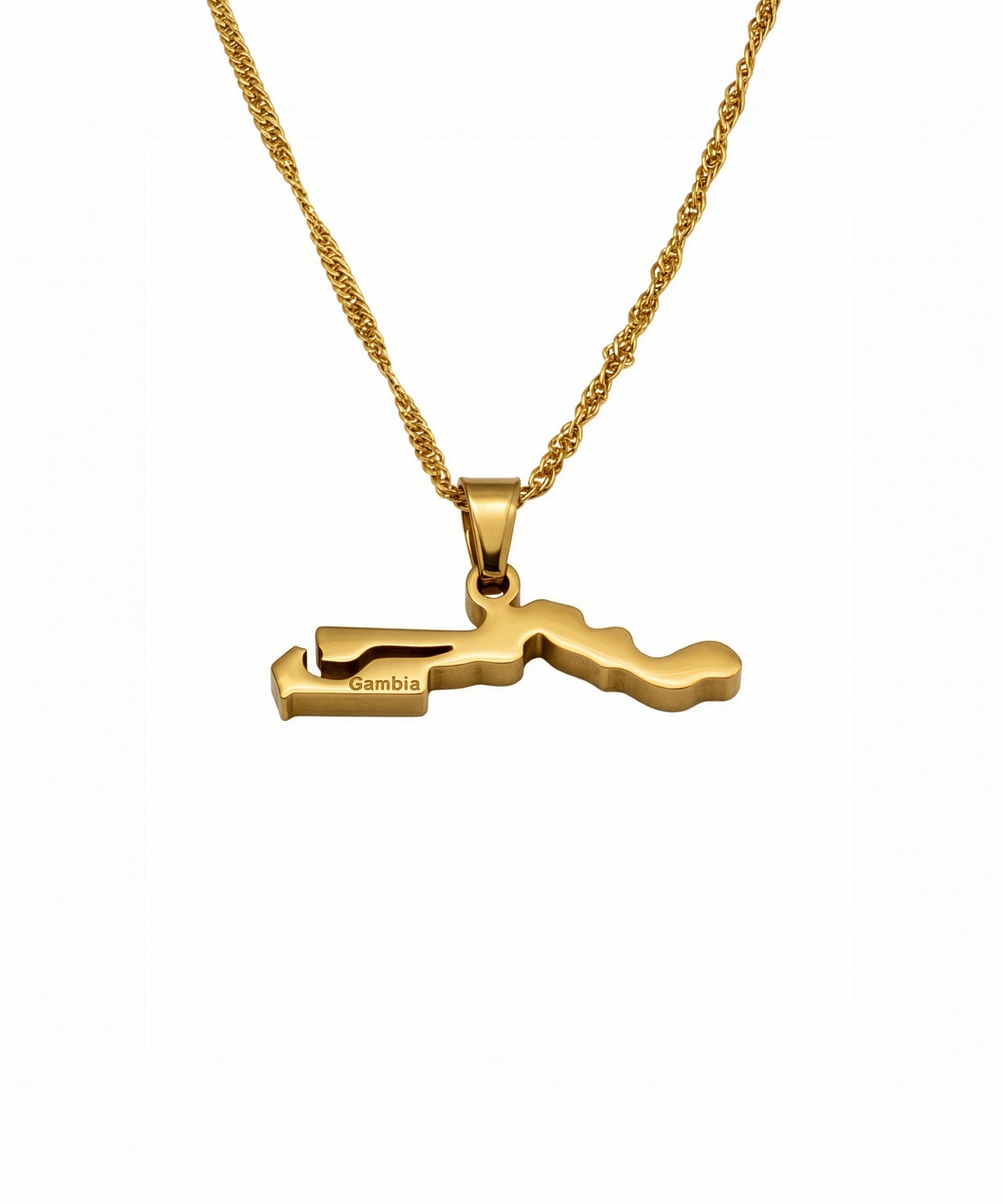 Gold plated Gambia map necklace with Gambia engraved on the pendant and a textured chain by KIRO UK celebrating national pride