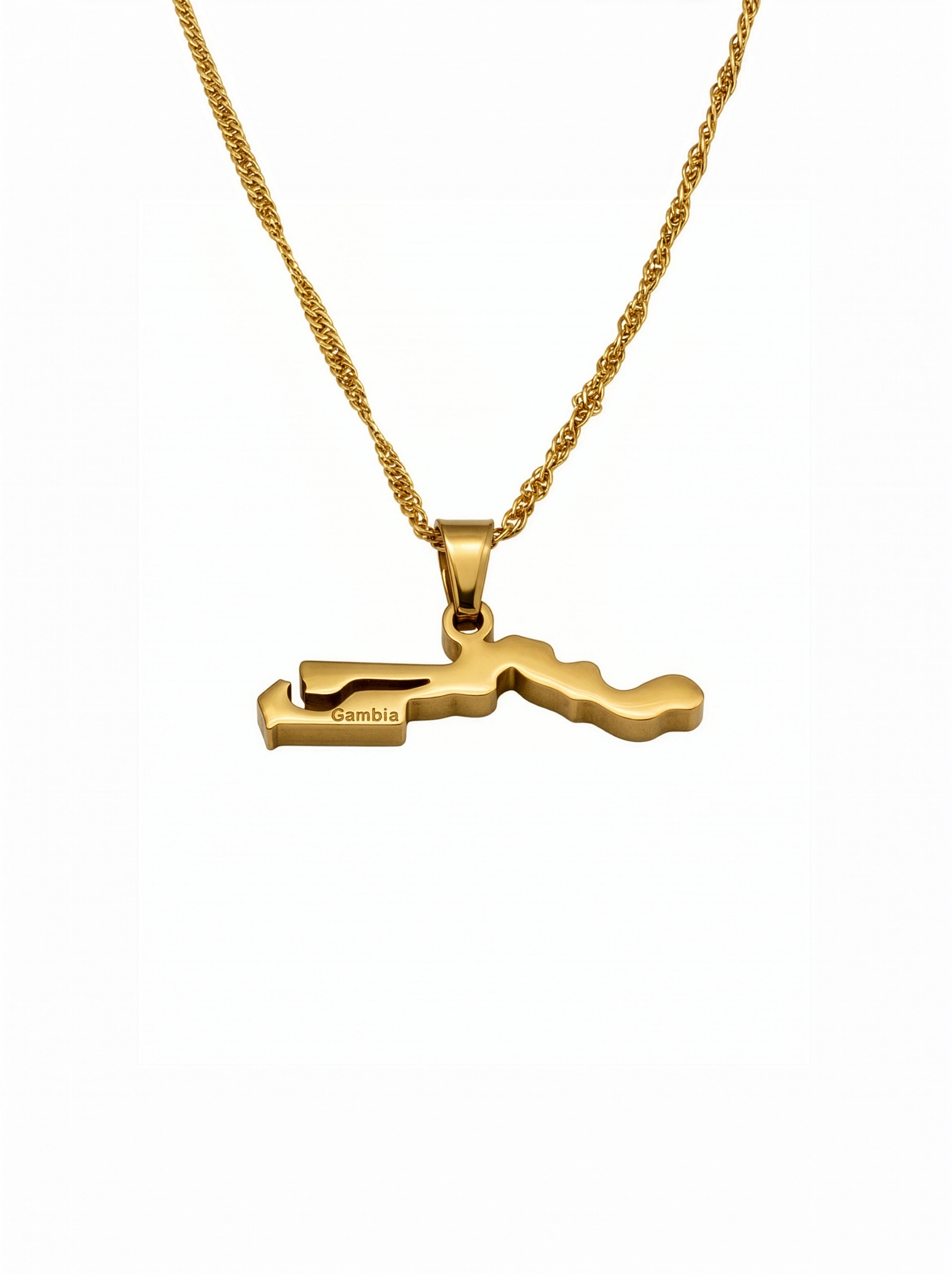 Gold plated Gambia map necklace with Gambia engraved on the pendant and a textured chain by KIRO UK celebrating national pride