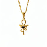 KIRO gold Ankh Horus fusion pendant necklace with a central black gemstone on a delicate chain
