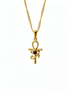 KIRO gold Ankh Horus fusion pendant necklace with a central black gemstone on a delicate chain