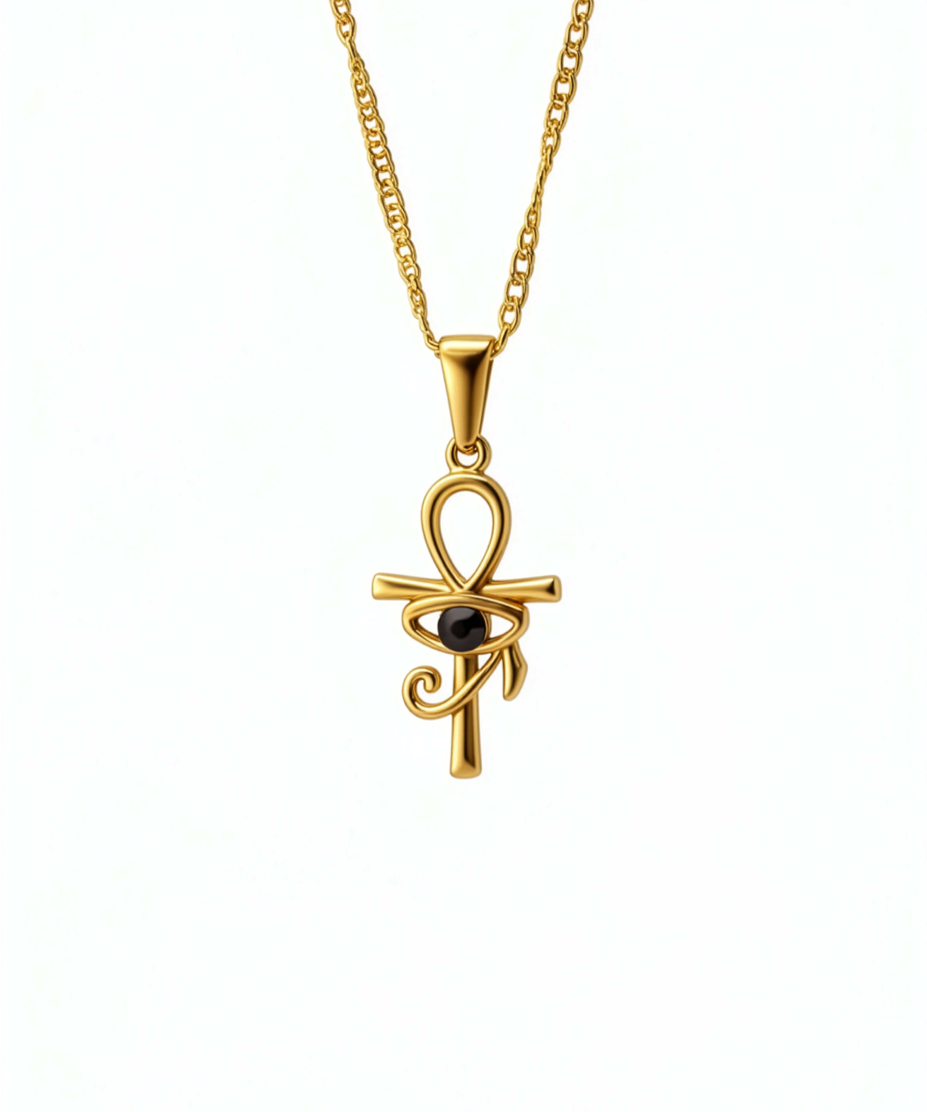 KIRO gold Ankh Horus fusion pendant necklace with a central black gemstone on a delicate chain