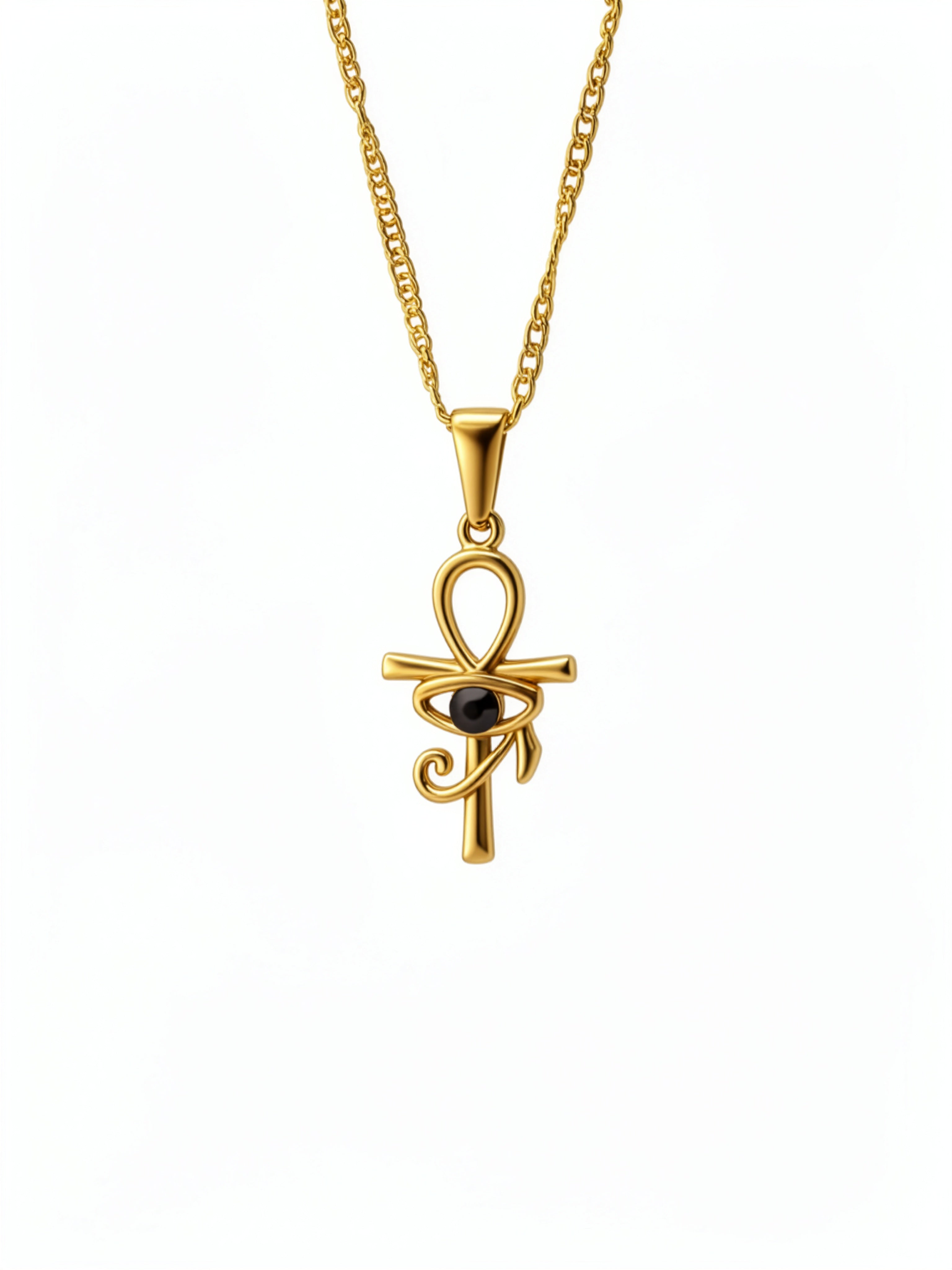 KIRO gold Ankh Horus fusion pendant necklace with a central black gemstone on a delicate chain