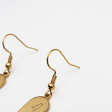KIRO 18K gold plated stainless steel drop earrings featuring engraved Egyptian hieroglyph cartouche pendants.