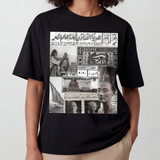 Black Egyptian collage cotton tee modeled by a woman featuring Queen Nefertiti a felukah Egyptian currency postage stamp and historical newspaper imagery from KIRO Clothing