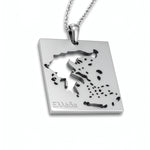 Silver plated Greece map necklace with Greek lettering on a rectangular pendant and chain celebrating Greek heritage by KIRO UK