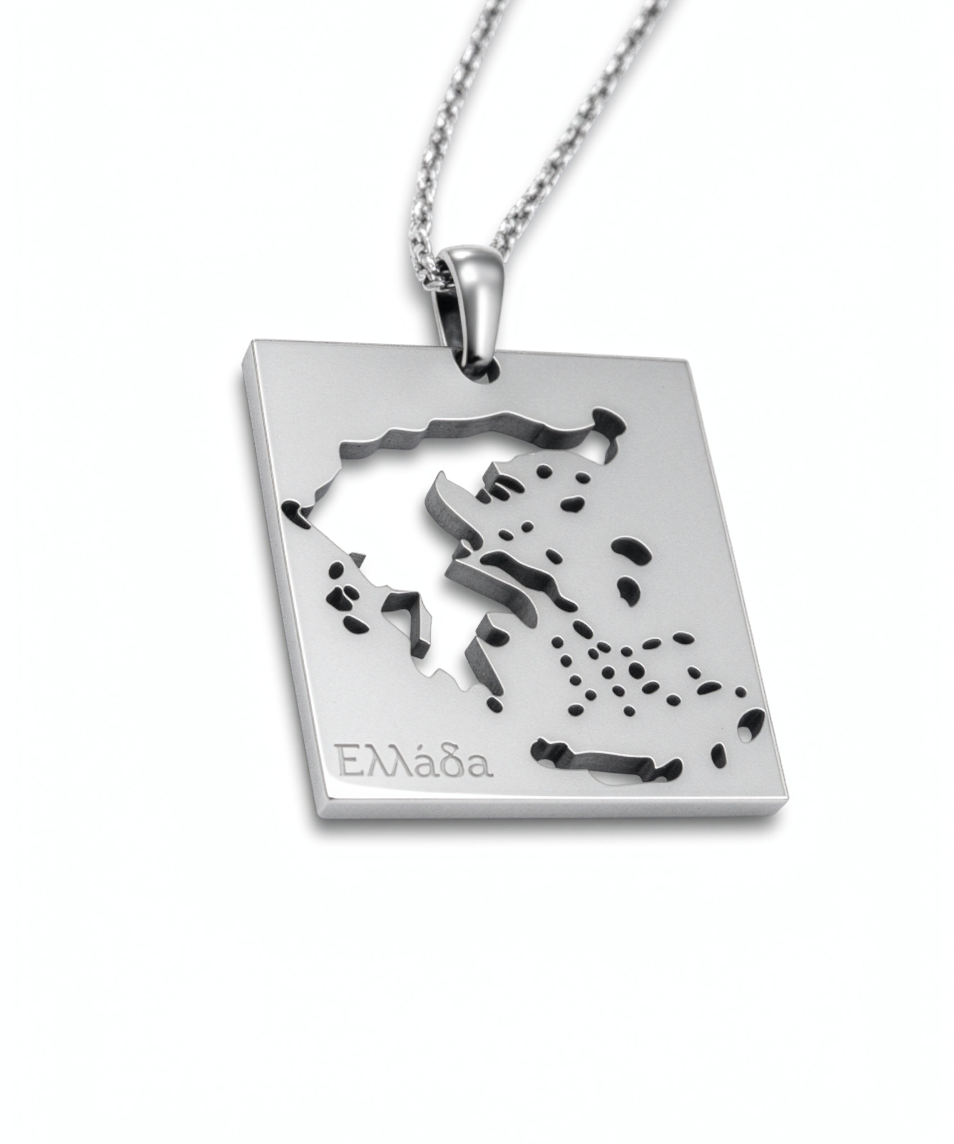 Silver plated Greece map necklace with Greek lettering on a rectangular pendant and chain celebrating Greek heritage by KIRO UK