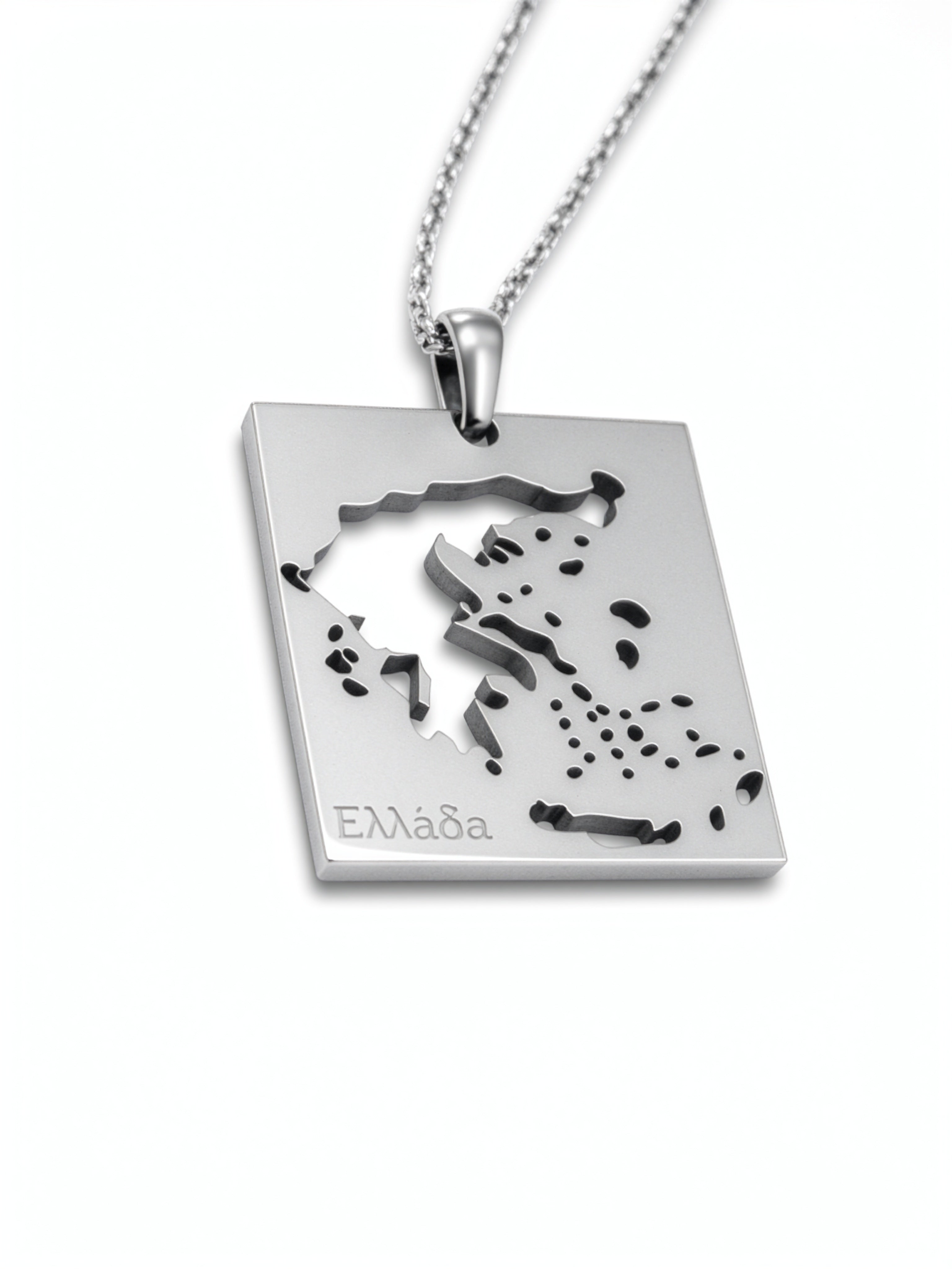 Silver plated Greece map necklace with Greek lettering on a rectangular pendant and chain celebrating Greek heritage by KIRO UK