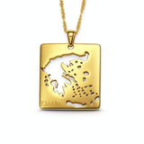 18K gold plated Greece map necklace with raised island details and Greek lettering on a gold chain, celebrating Greek heritage and national pride
