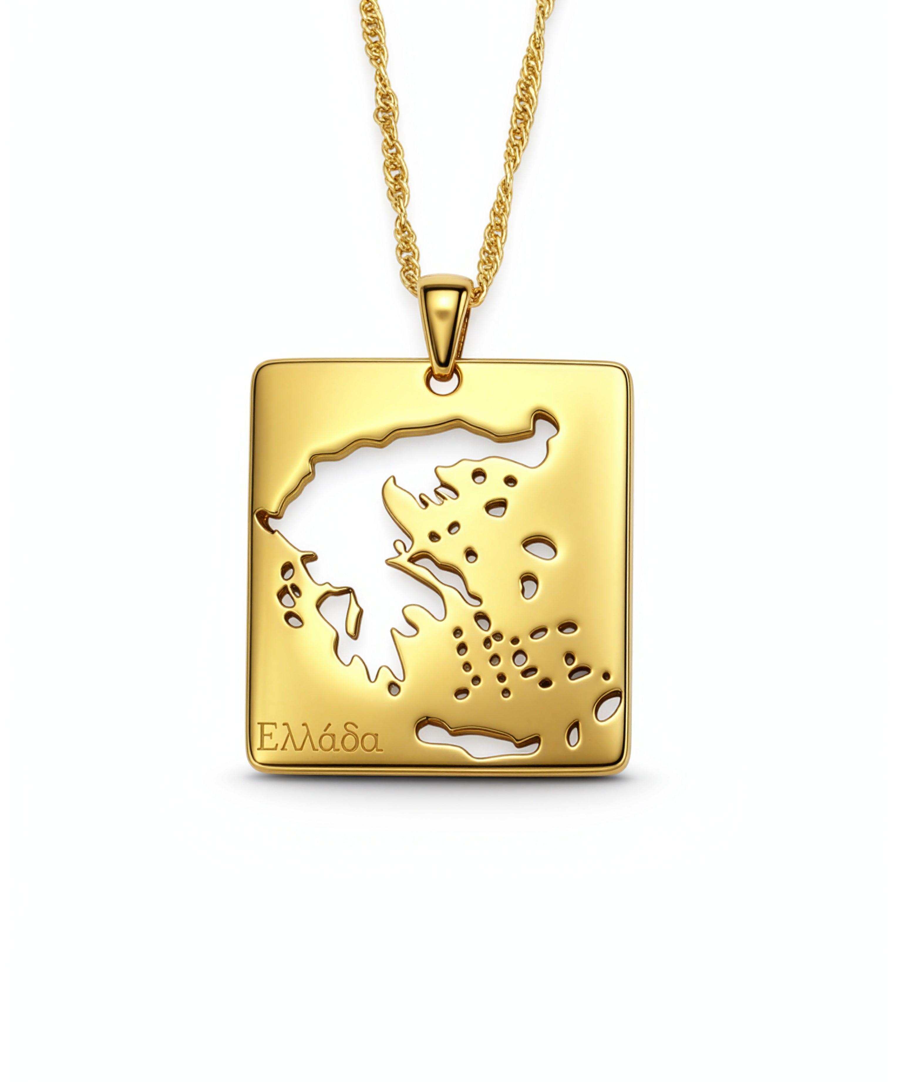 18K gold plated Greece map necklace with raised island details and Greek lettering on a gold chain, celebrating Greek heritage and national pride