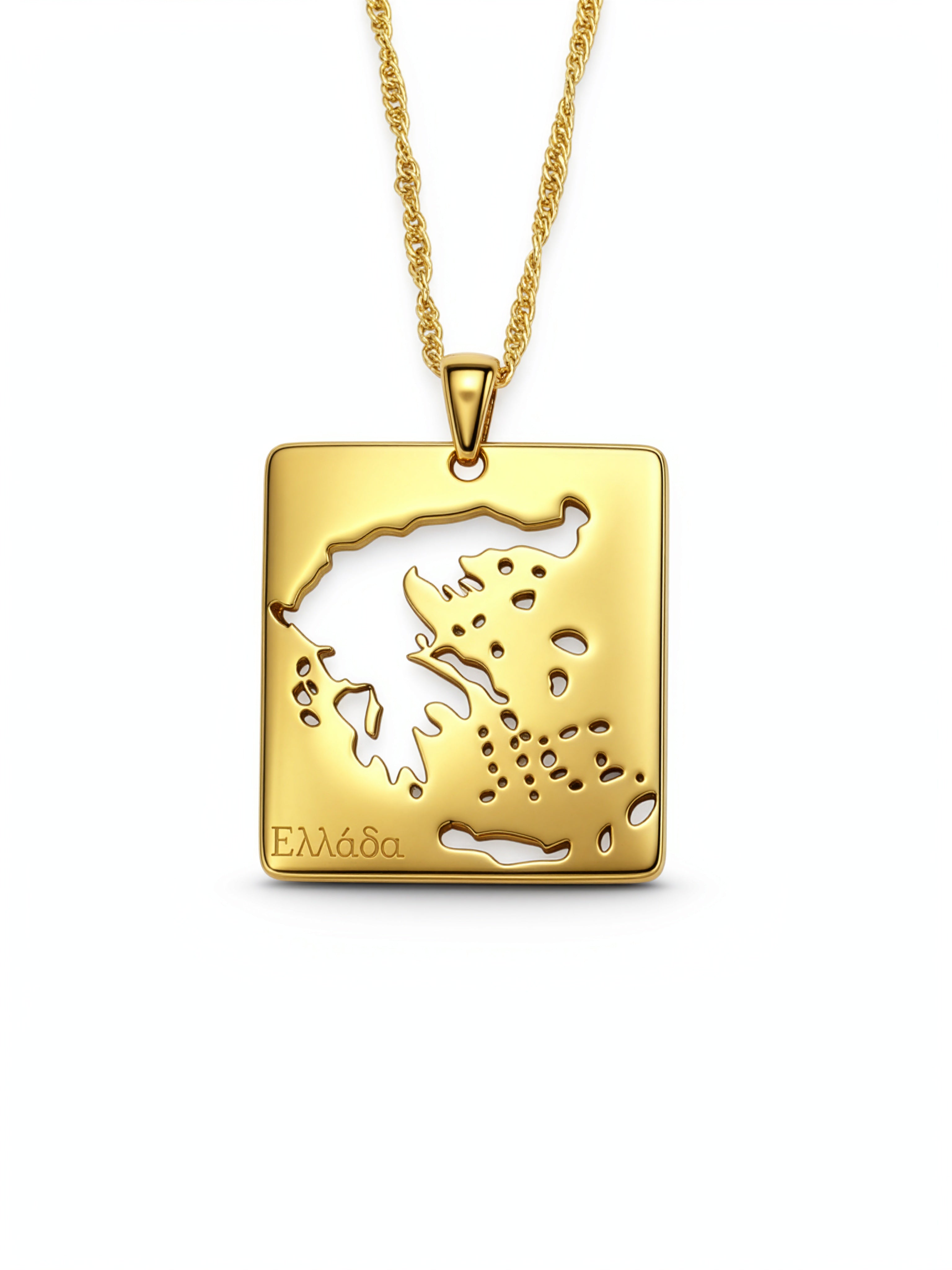 18K gold plated Greece map necklace with raised island details and Greek lettering on a gold chain, celebrating Greek heritage and national pride