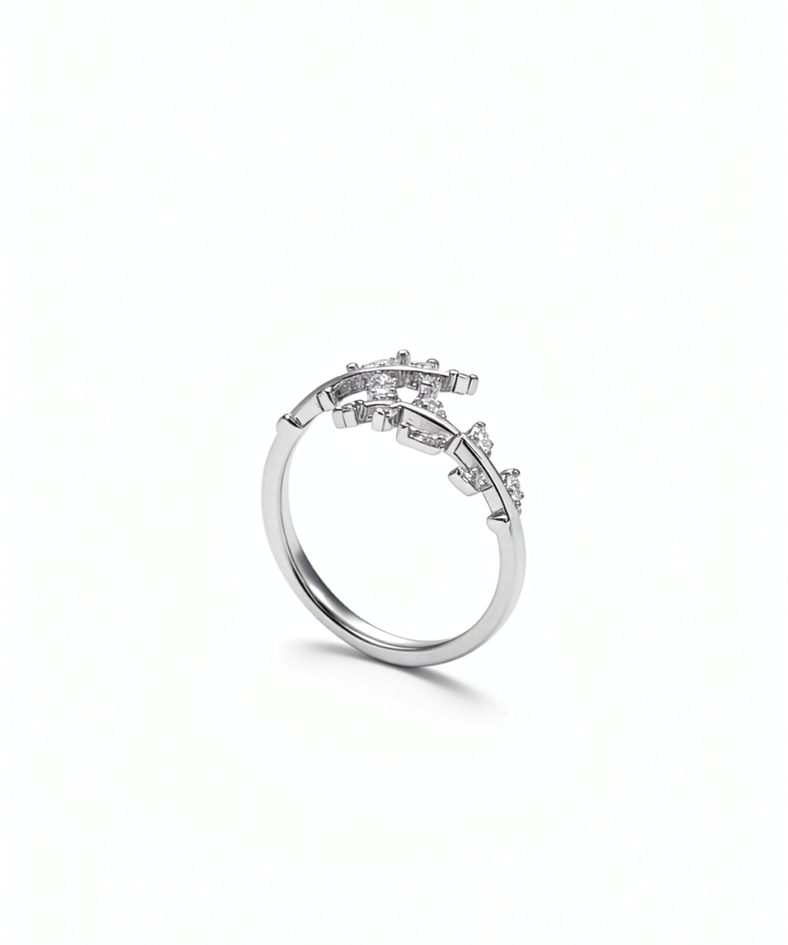 KIRO UK adjustable silver ring with cubic zirconia detailing and an elegant split front design shown on a clean white background
