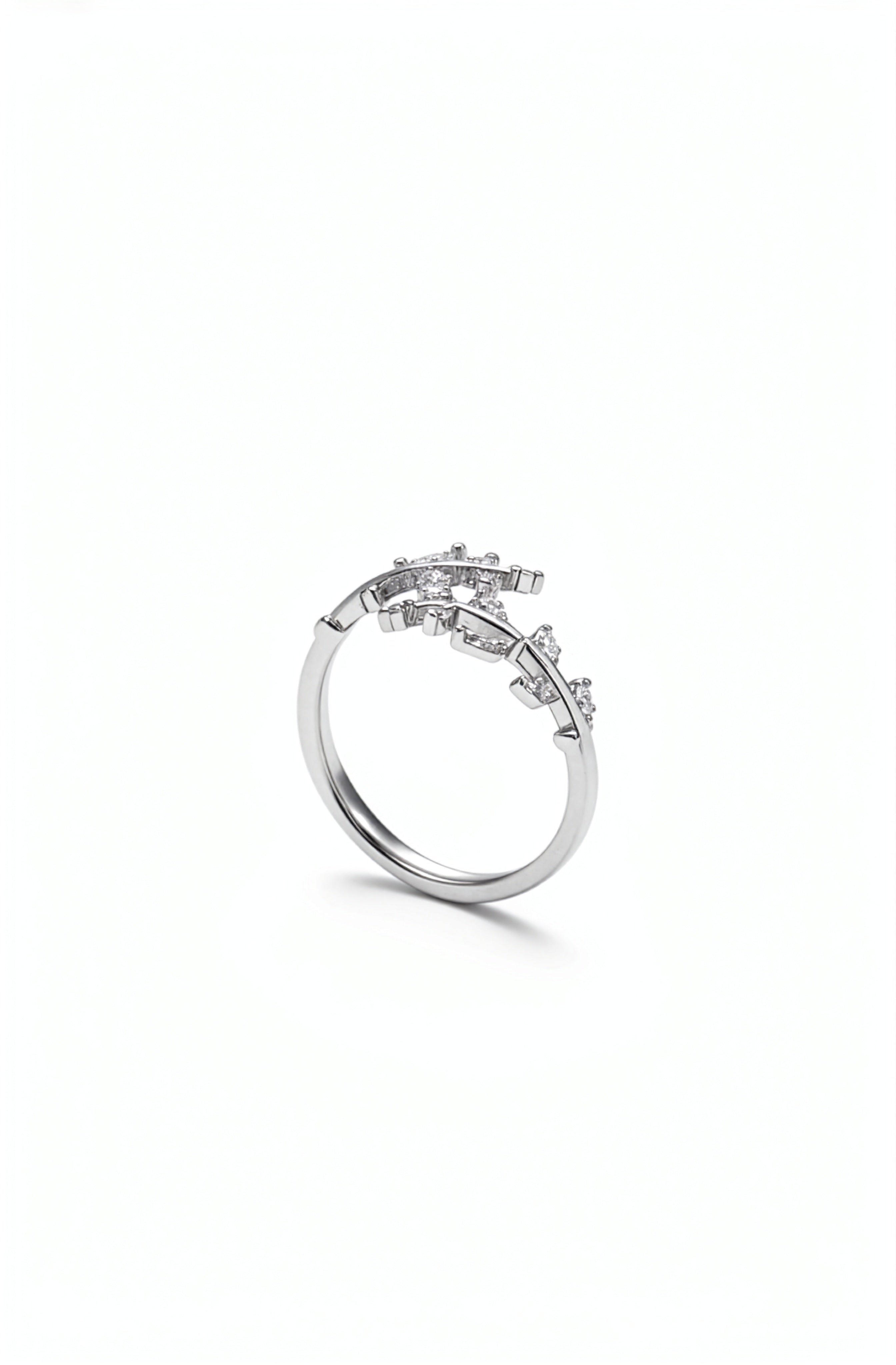 KIRO UK adjustable silver ring with cubic zirconia detailing and an elegant split front design shown on a clean white background