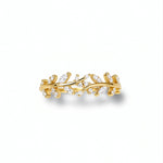 Gold plated adjustable ring with intertwined botanical stems and sparkling cubic zirconia stones on a white background from KIRO UK
