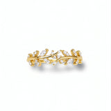Gold plated adjustable ring with intertwined botanical stems and sparkling cubic zirconia stones on a white background from KIRO UK