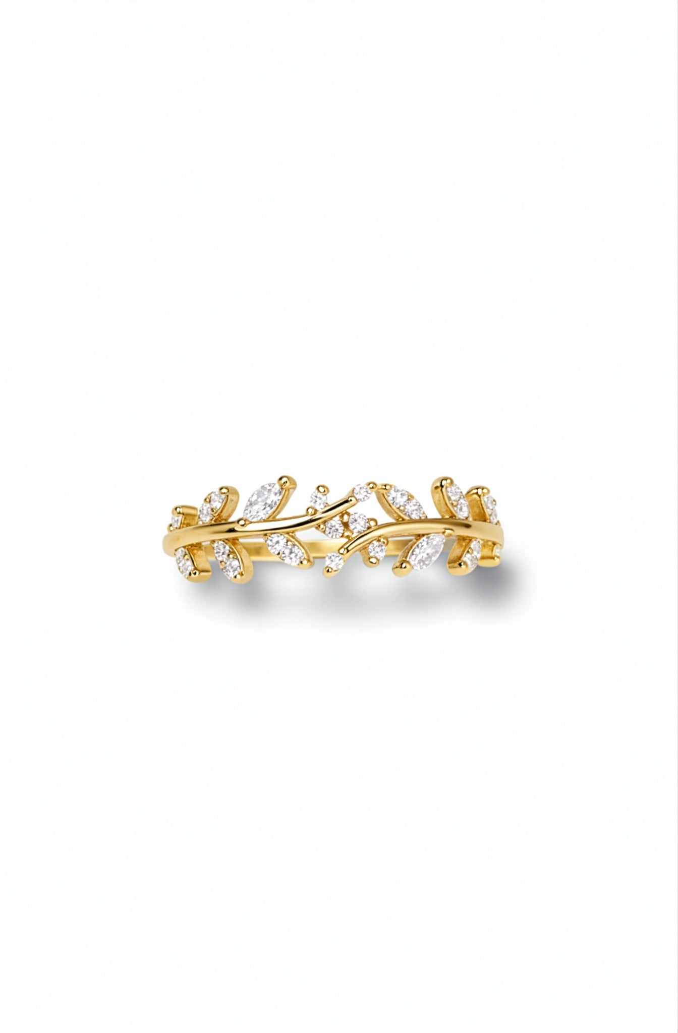 Gold plated adjustable ring with intertwined botanical stems and sparkling cubic zirconia stones on a white background from KIRO UK