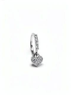 925 sterling silver nose ring with a sparkling cubic zirconia heart charm dangling below the hoop on a white background